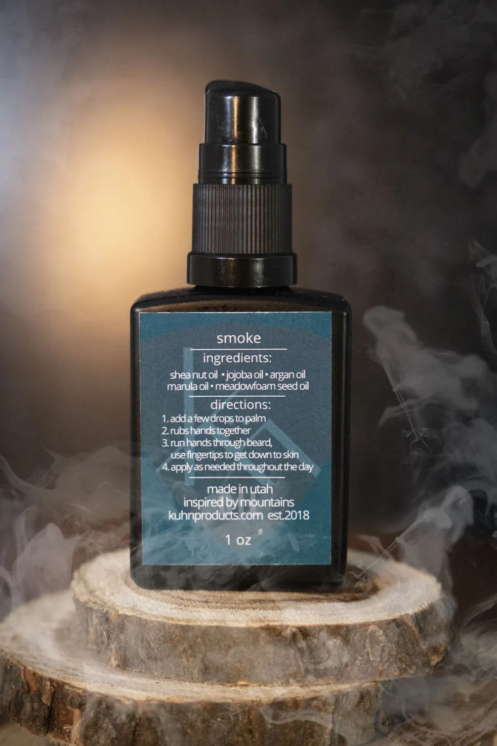 A 1 oz bottle of smoke beard oil by kühn products.